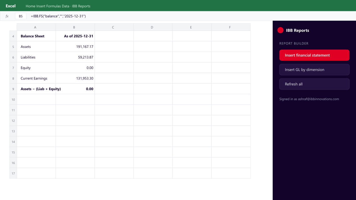 IBB Reports running inside Excel with live Business Central data
