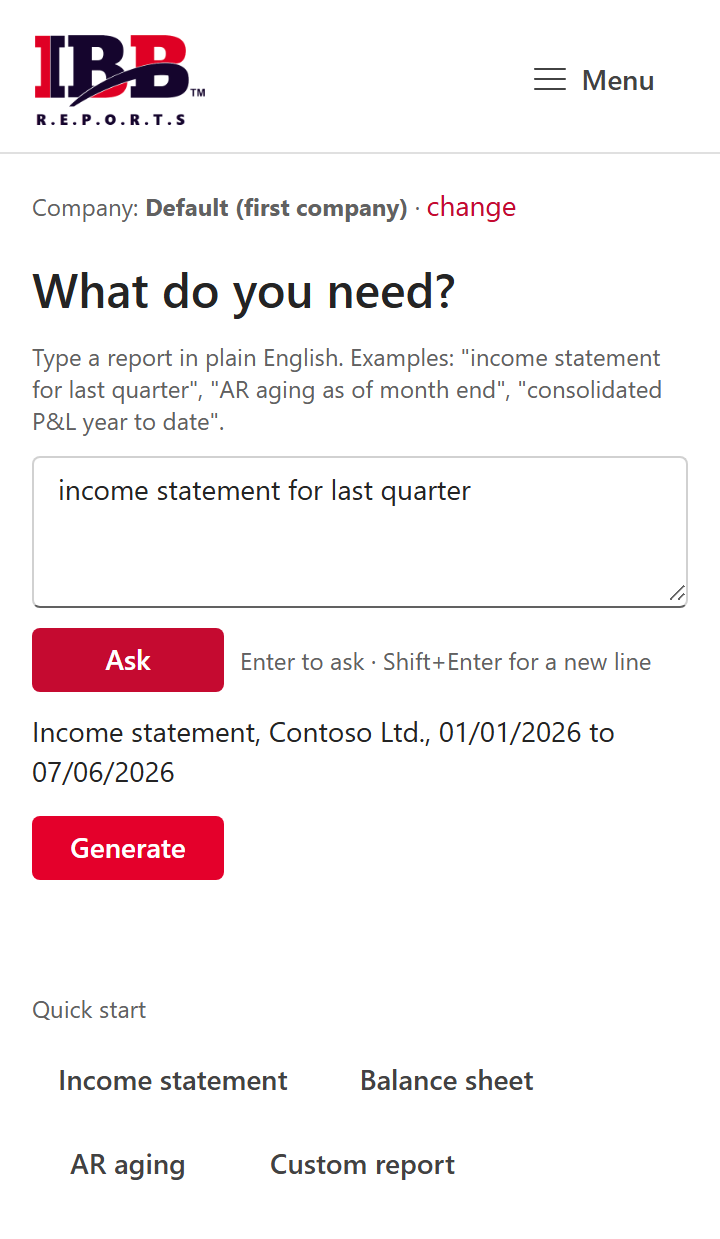 The IBB Reports task pane in Excel: type 'income statement for last quarter' in plain English and it builds the report live from Business Central